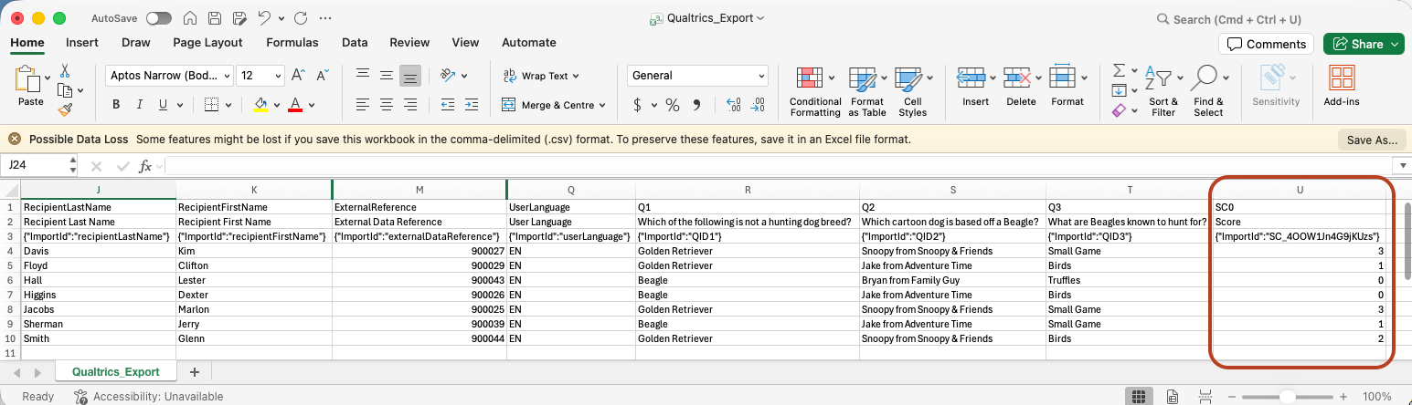 Qualtrics CSV Export: Score Column Screenshot of an exported Qualtrics CSV file with the Scores column highlighted.
