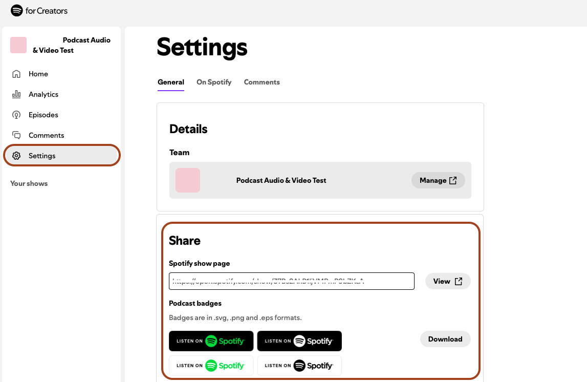Screenshot of the Settings screen within your podcast in Spotify for Creators. The Settings tab on the left-hand navigation menu and the Share details are highlighted.