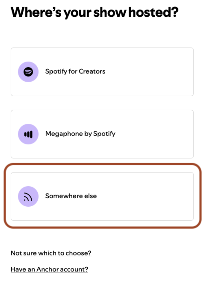 The Where's your show hosted screen showing the Somewhere else highlighted.