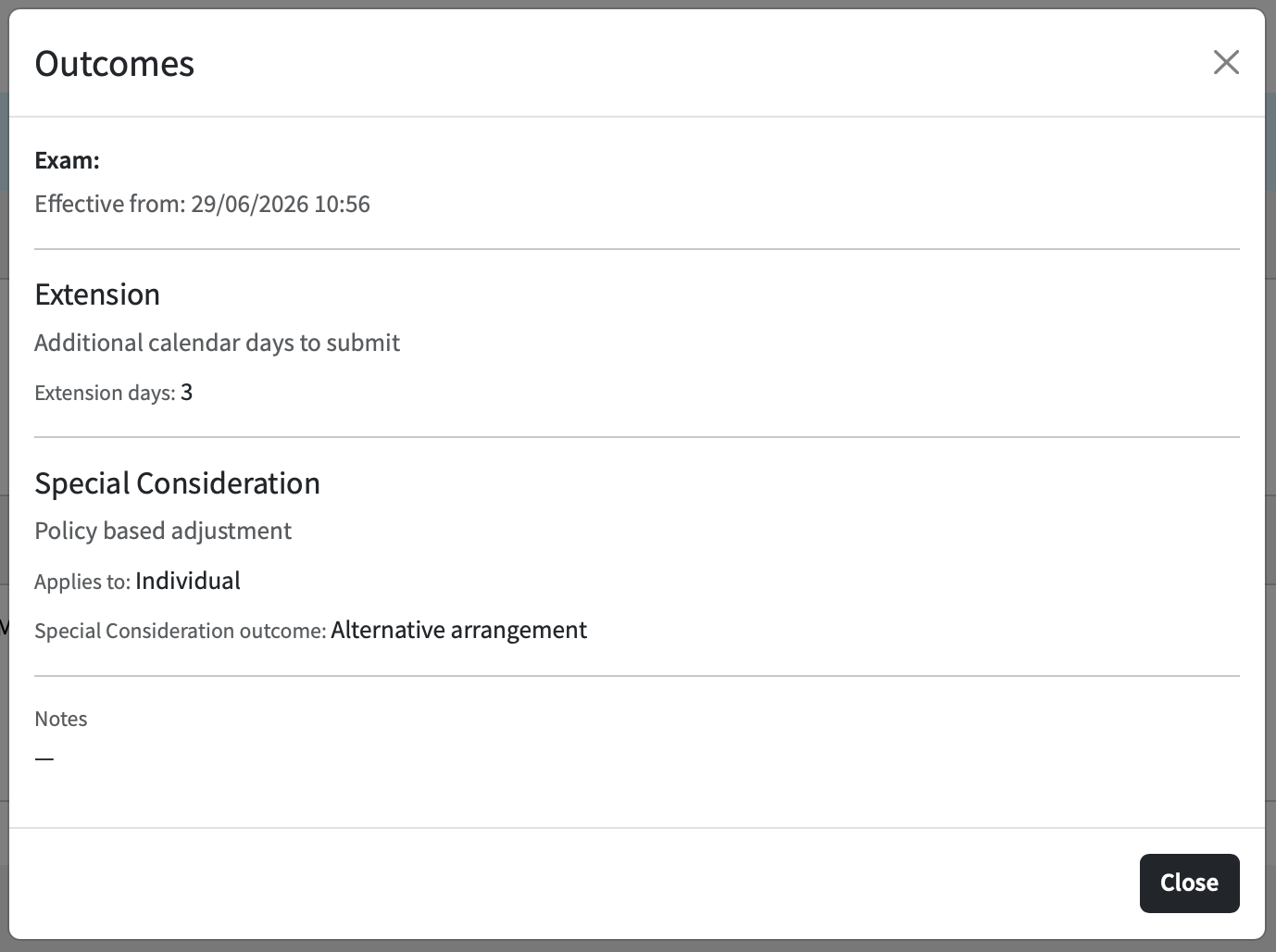 Screenshot of the ‘Outcomes’ dialog box displaying a subject’s assignment extension and special consideration details.