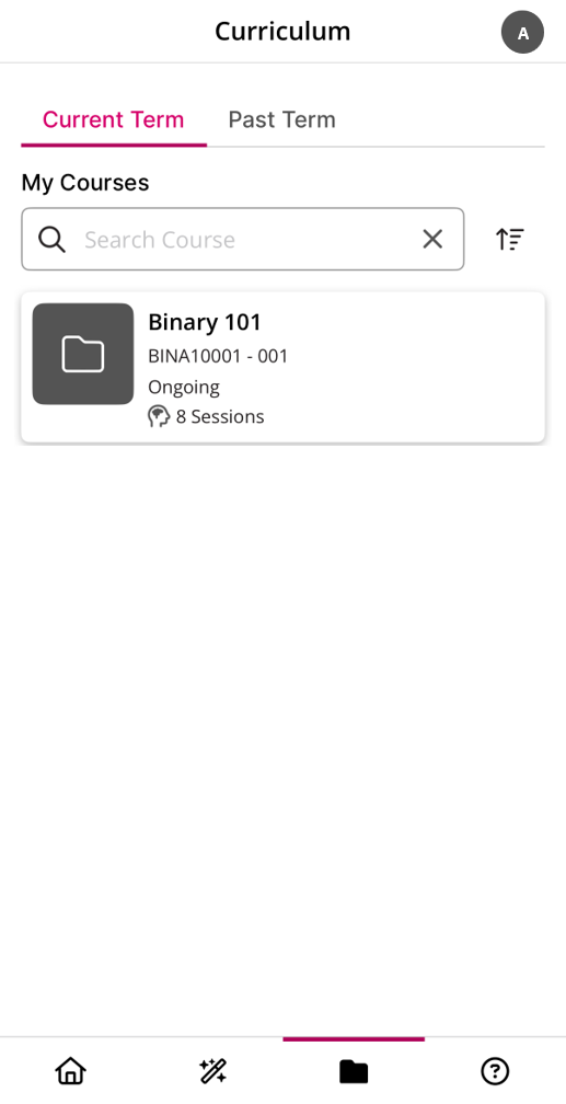 Screenshot taken from the Echo360 Mobile App with the Curriculum tab selected. On the top of the page there are tabs for Current and Past terms. Below is a heading for My Courses, a search-bar, and a thumbnail for an enrolled subject, with descriptive text on term and number of sessions.