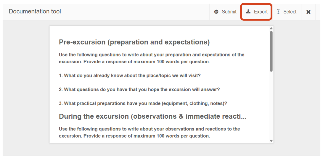 A document export option located in the top right corner of the H5P documentation activity allows students to download their response. 