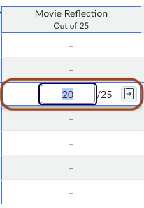 Screenshot of an LMS gradebook assignment column, with an individual grade selected and the Arrow icon clearly displayed.