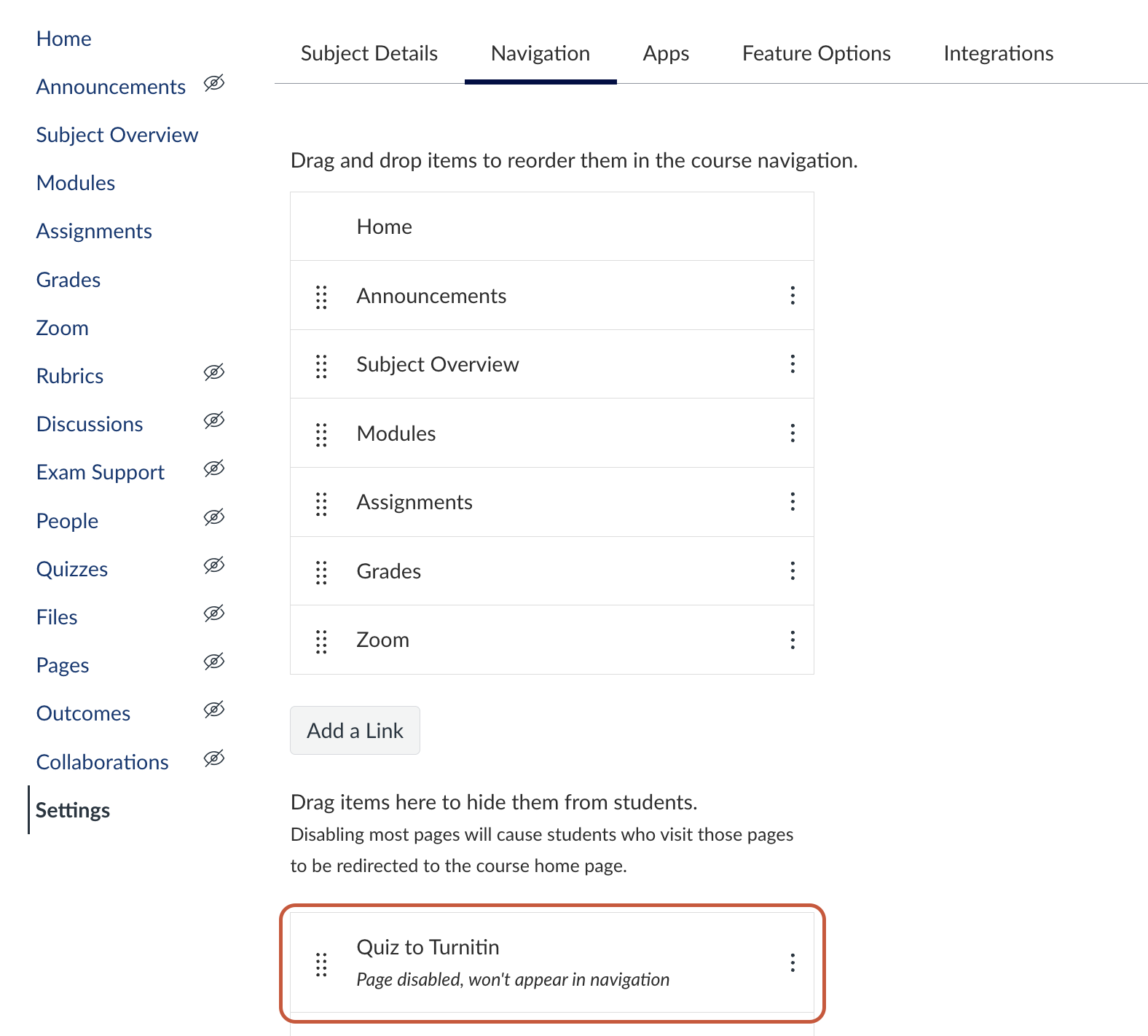 Screenshot of Quiz to Turnitin tool under Navigation in Canvas subject settings. The Quiz to Turnitin tool is in the hidden section and is highlighted in a red box.