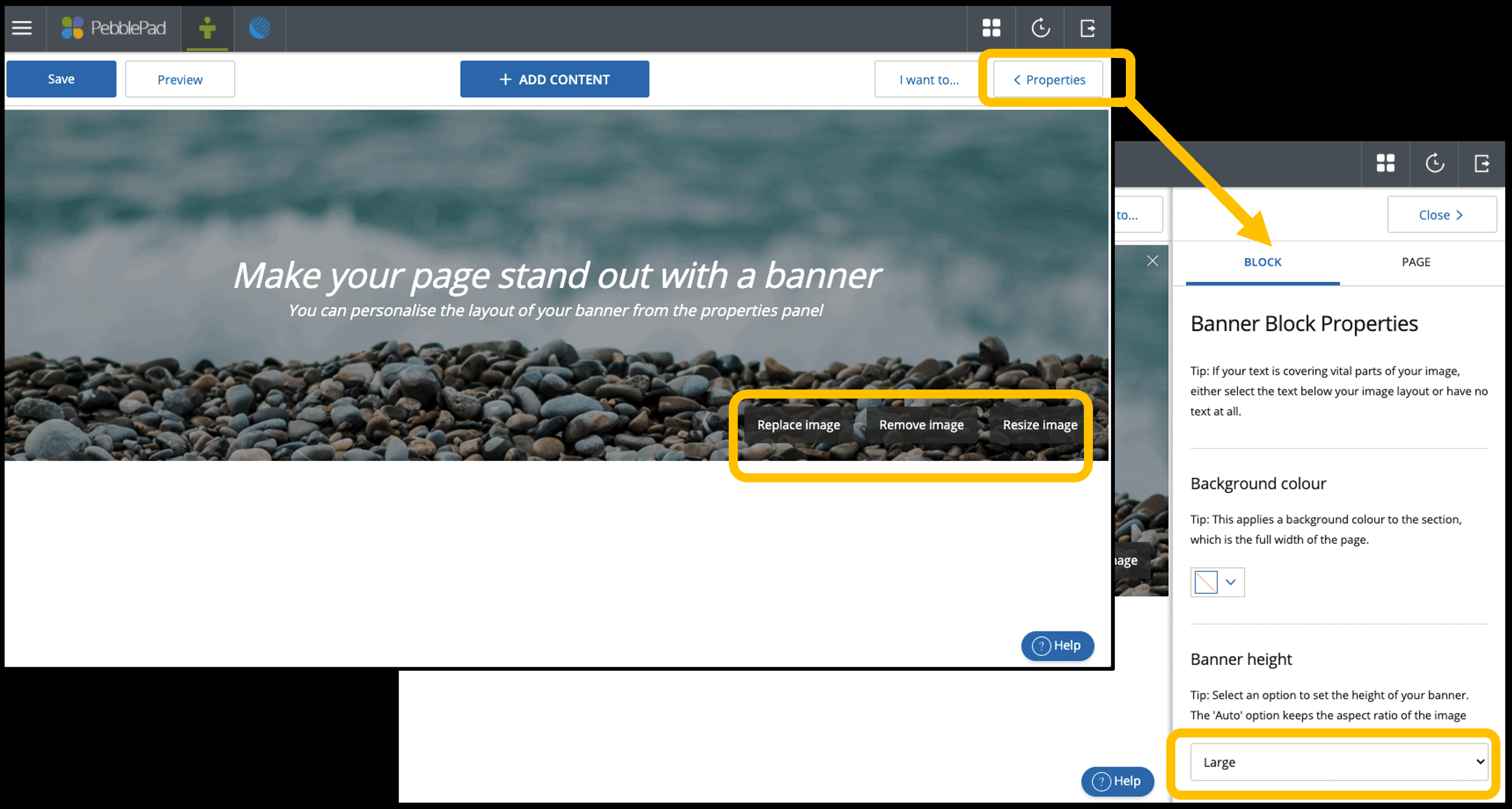 Banner properties on a PebblePad Page Banner properties on a PebblePad Page
