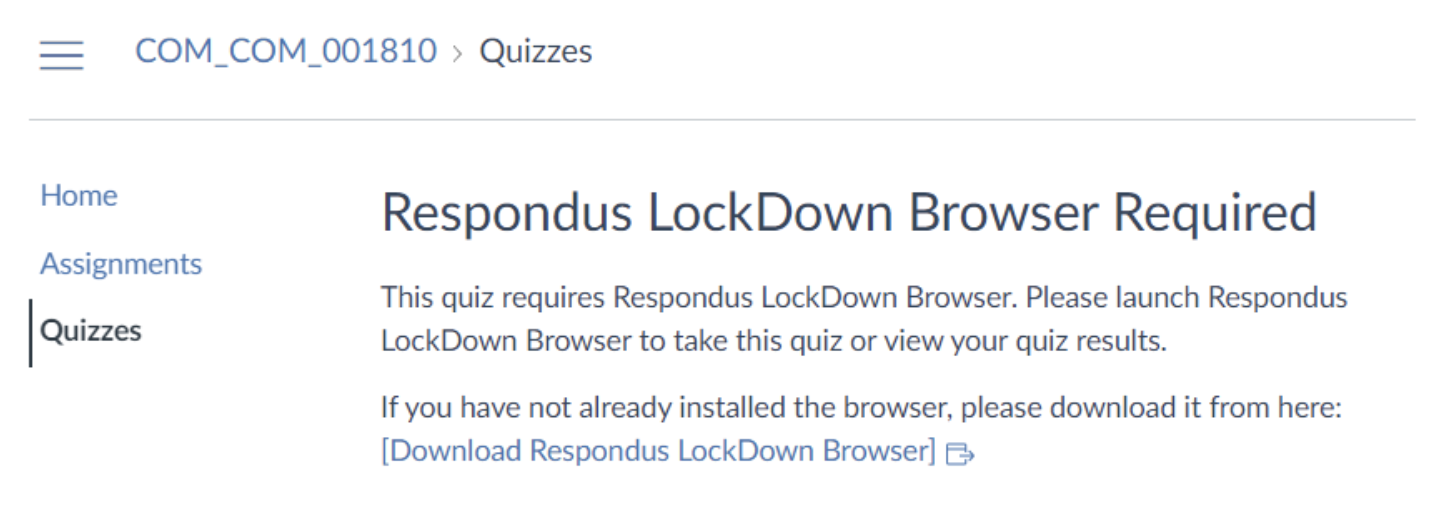 Browser showing Respondus Lockdown browser required link