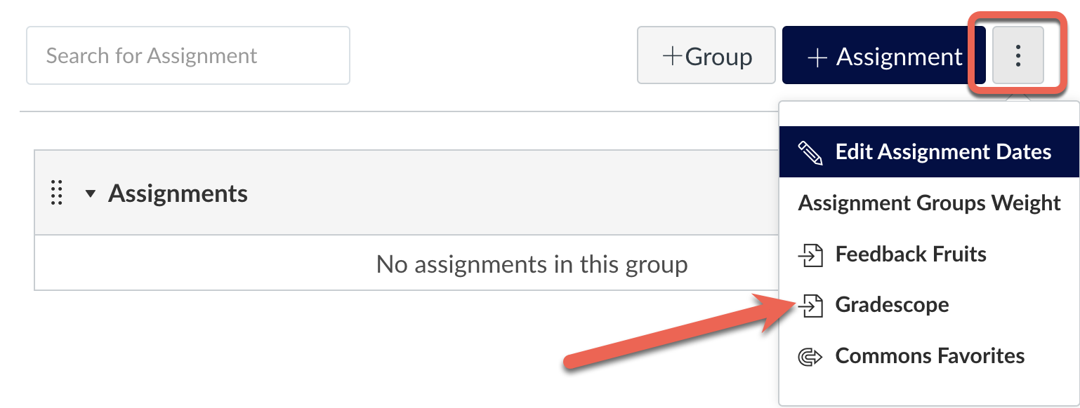 Drop down menu at the top of the Assignments page