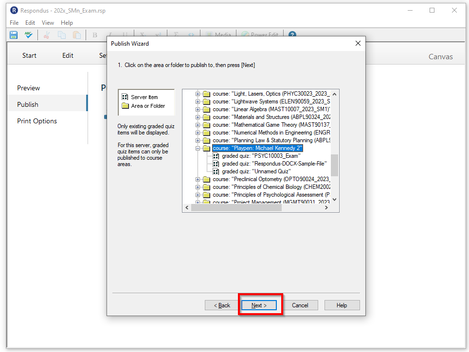 Select Canvas Subject to publish to in the Respondus 4.0 software