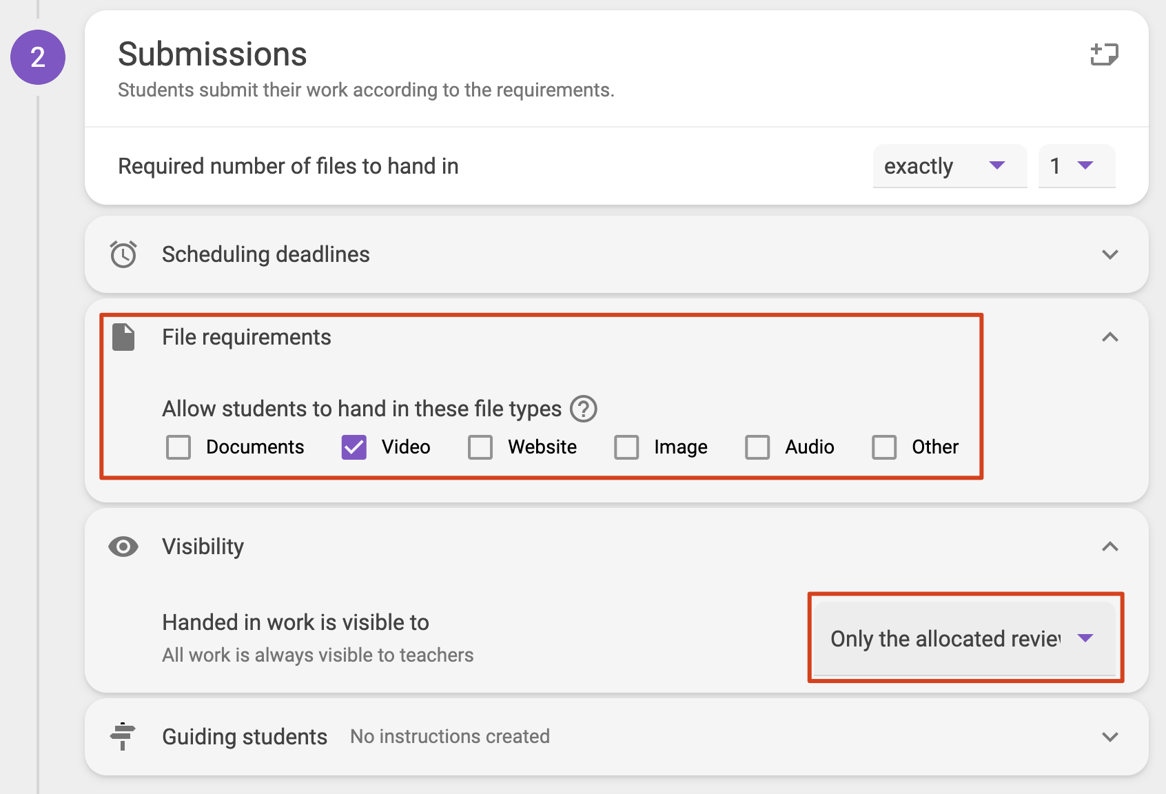 The second step in the FeedbackFruits activity is where detailed submissions settings needs to be configured
