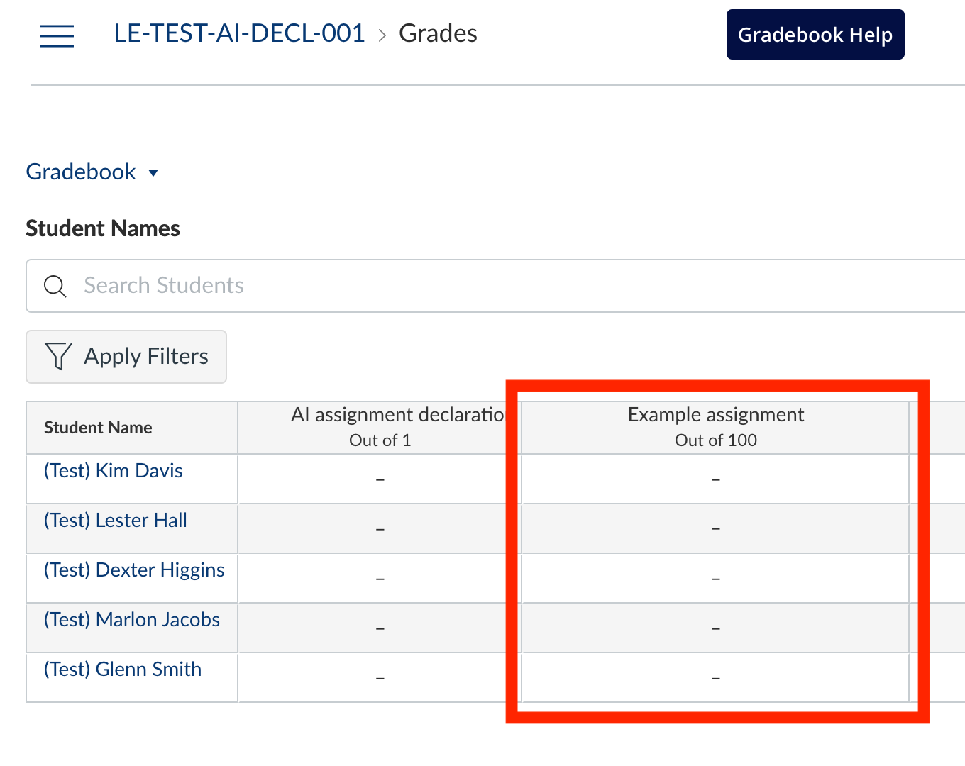 Canvas Gradebook Screenshot of Canvas interface - Gradebook