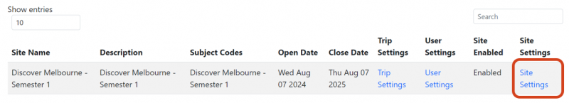Site Settings link on the Manage Sites menu