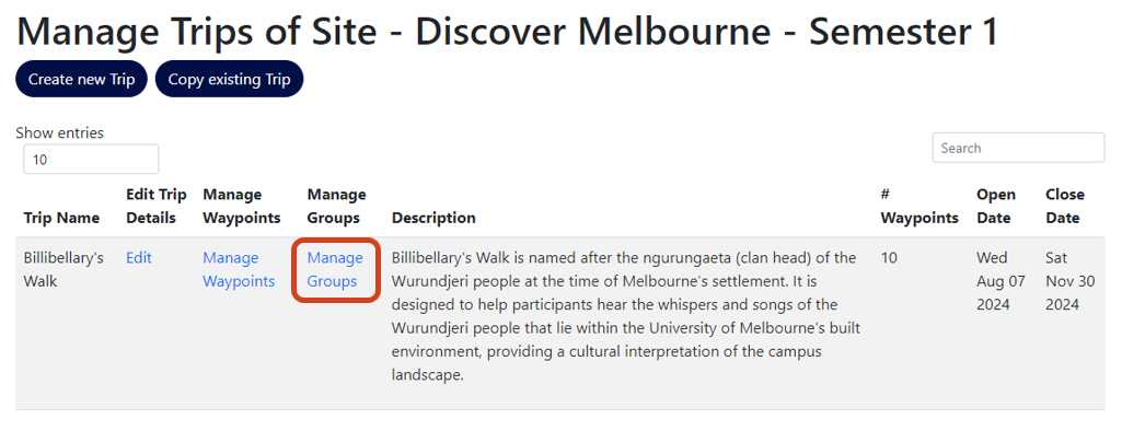 Manage Groups link on the Manage Trips menu
