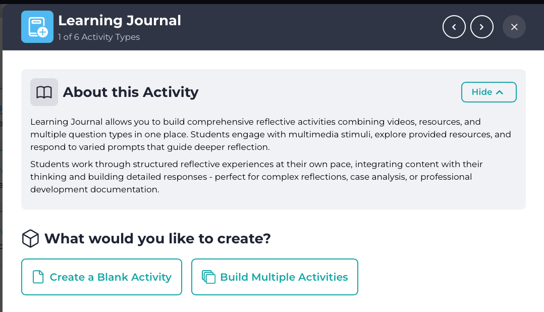 Activity creation options Screenshot of the activity creation option buttons