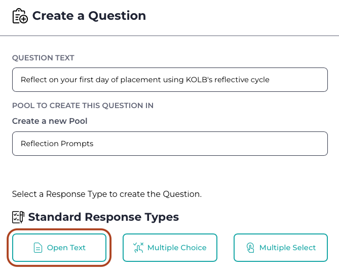 Creating your question or reflection prompt Screenshot of the options for creating your question or reflection prompt in Stackle.