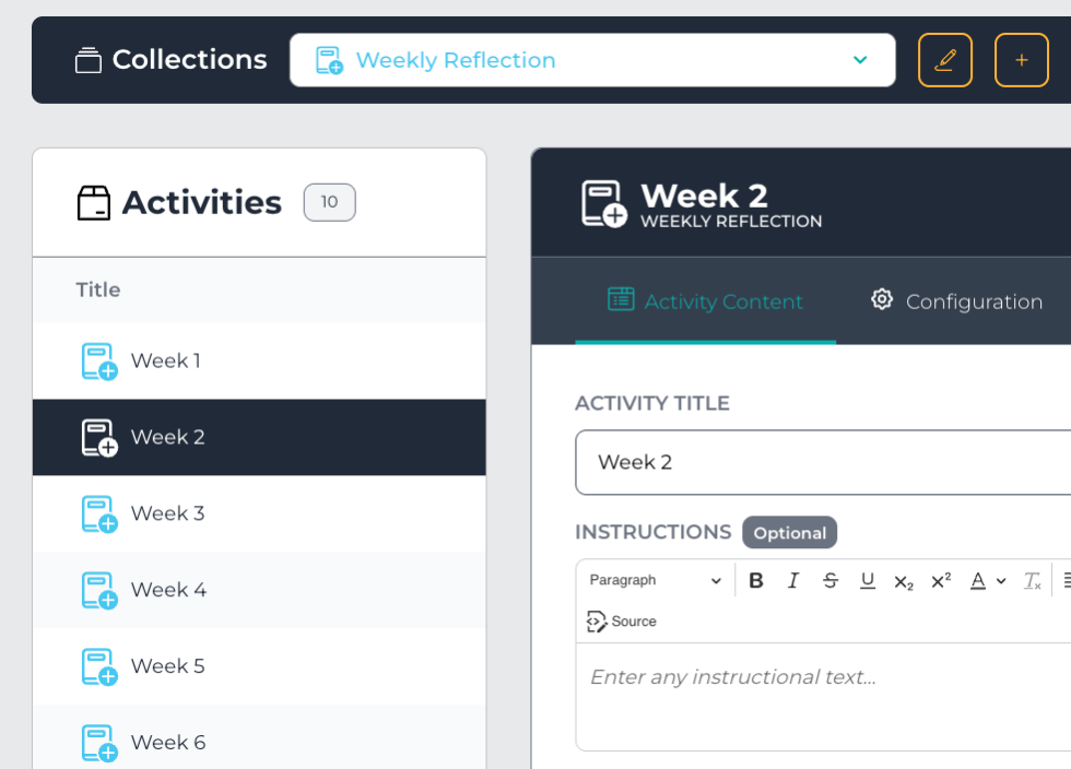 Editing your activities in Stackle Screenshot of the list of activities in Stackle