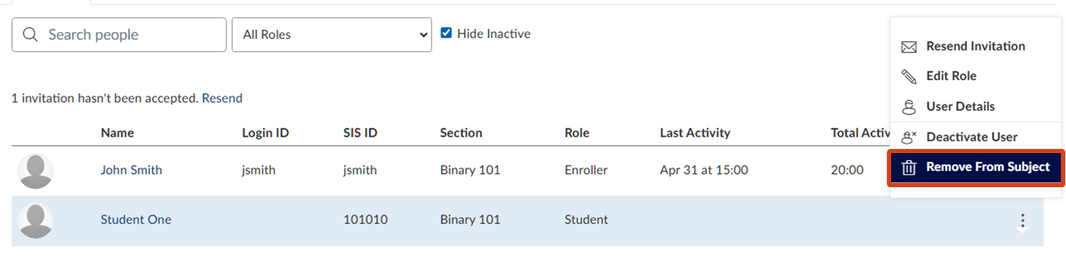Screenshot of an LMS Community&rsquo;s People page. On the top of the page is the Search people bar with a filter for role-type. Beneath that are the list of enrolled users, with a three-dot menu selected for &lsquo;Student One&rsquo; revealing a menu where the option &ldquo;Remove From Subject&rdquo; is highlighted.