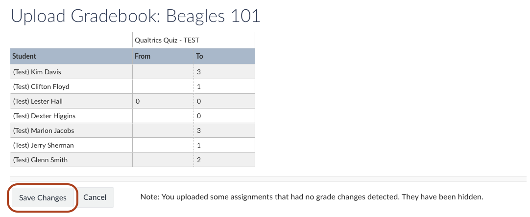LMS grade import: preview of grade upload Screenshot of the “Upload Gradebook” screen showing a preview of grade data to be uploaded, with the “Save Changes” button highlighted.