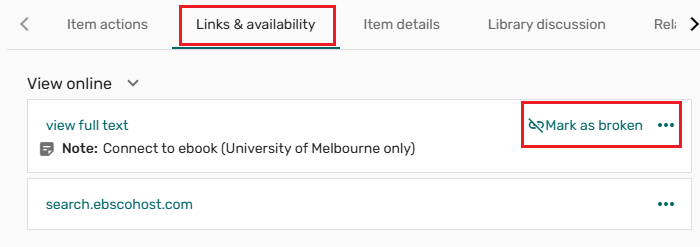 Screenshot of Readings Online interface, 'Links & Availability' tab and 'Mark as broken' are highlighted