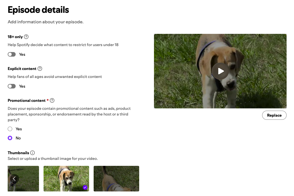 Screenshot of the ‘Episode details’ screen within Spotify for Creators with toggles to adjust explicit content settings and thumbnails.