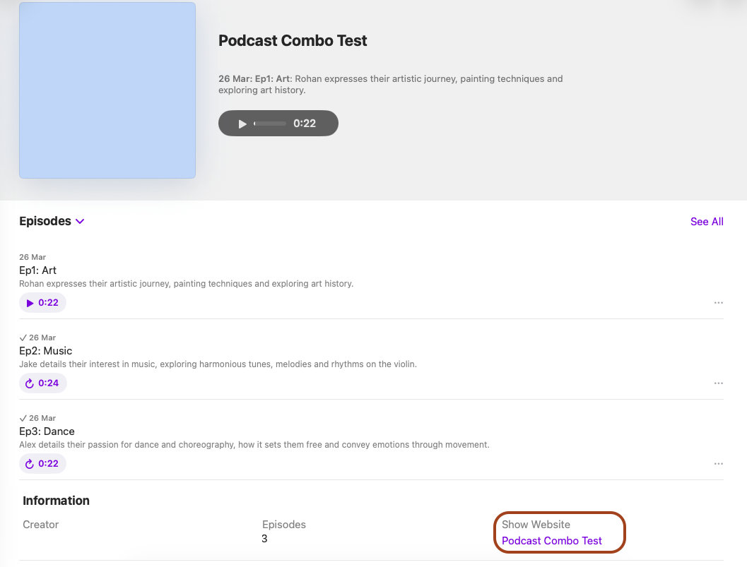 Screenshot of the converted podcast in Apple Podcasts displaying a list of episodes and information surrounding the podcast creator, number of episodes and a direct link to the Padlet board.