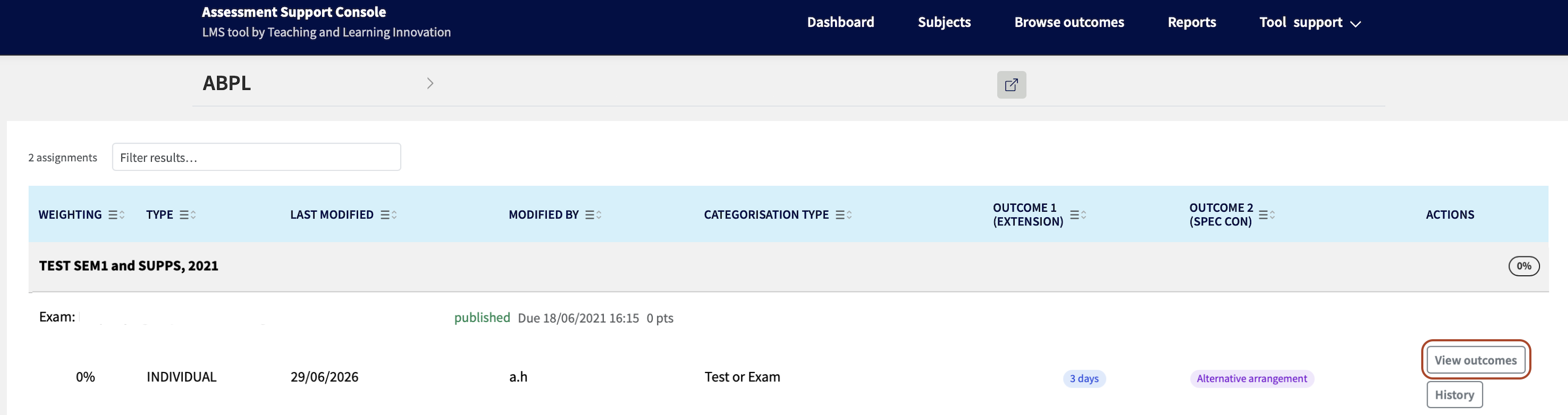 Screenshot of a subject assignment in the Assessment Support Console with the ‘View outcomes’ button highlighted.