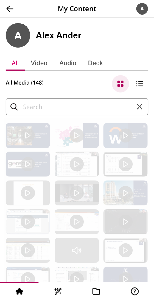 Screenshot taken from the Echo360 Mobile App with the My Content page selected. Across the top, there are tabs to view All, Video, Audio, and Deck content. Under the tabs, there is a search bar and thumbnails for content are displayed below.