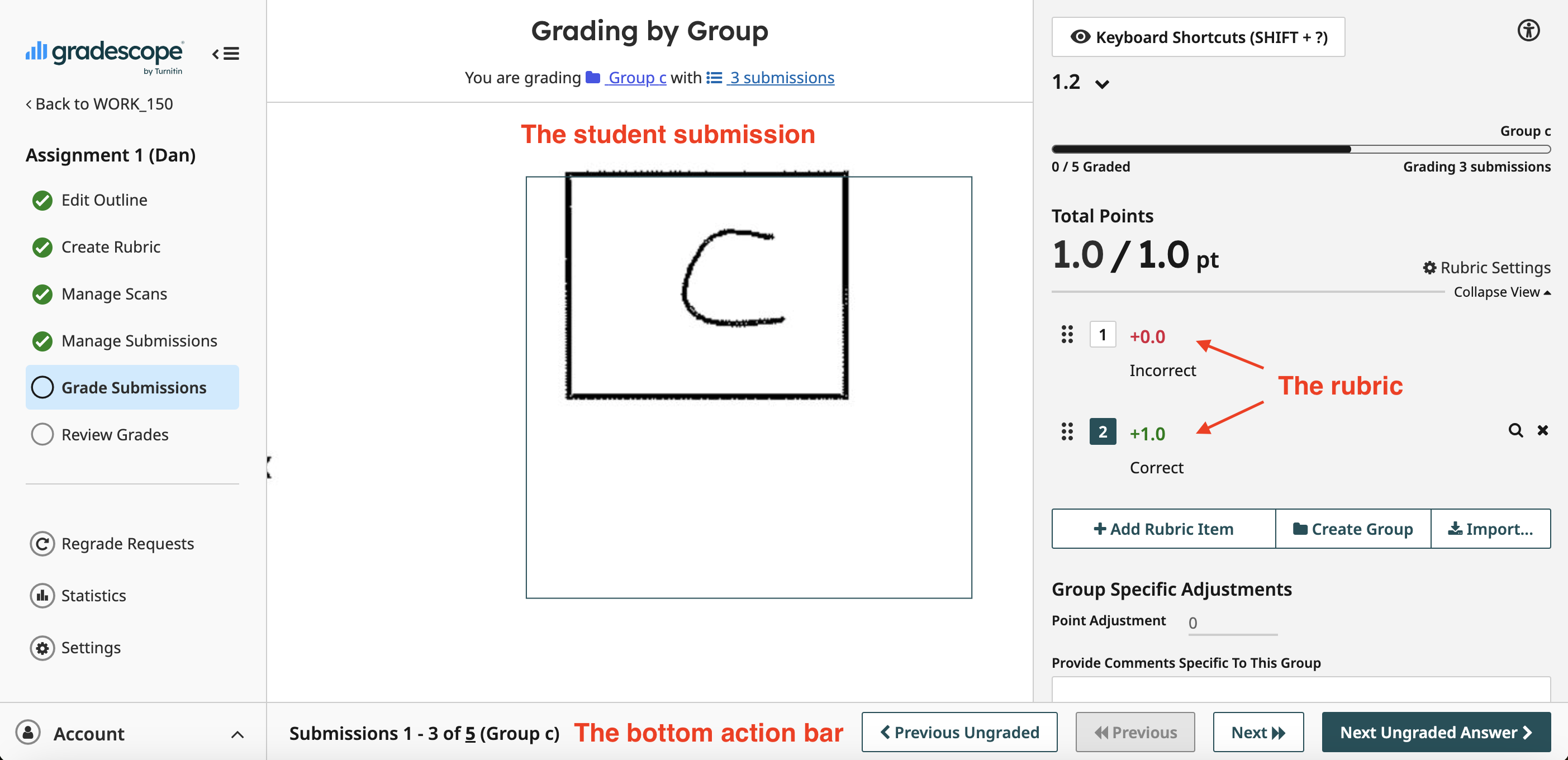 Grade Submission view showing a submission. Grade Submission view showing a submission.