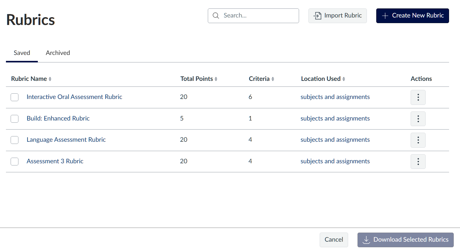 Subject: Rubrics (Enhanced) Screenshot of a subject’s Enhanced Rubrics menu. On the page there is a table with the subject’s rubrics, total points, criteria, location used and additional options. There are tabs for Saved and Archived Rubrics. Additionally, there is the option to Import and Create rubrics on the top-right of the page, as well as the option to “Download Selected Rubrics” on the bottom-right.
