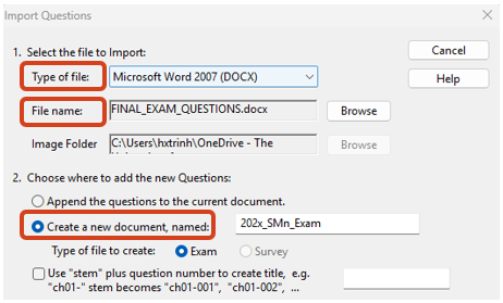 Select a questions file to import The Import Questions window showing an option to select the appropriate questions file and allocate a name for the import file.
