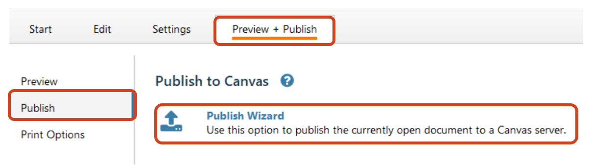 Publish Wizard The Preview + Publish tab showing an option to publish the questions document to a Canvas server.