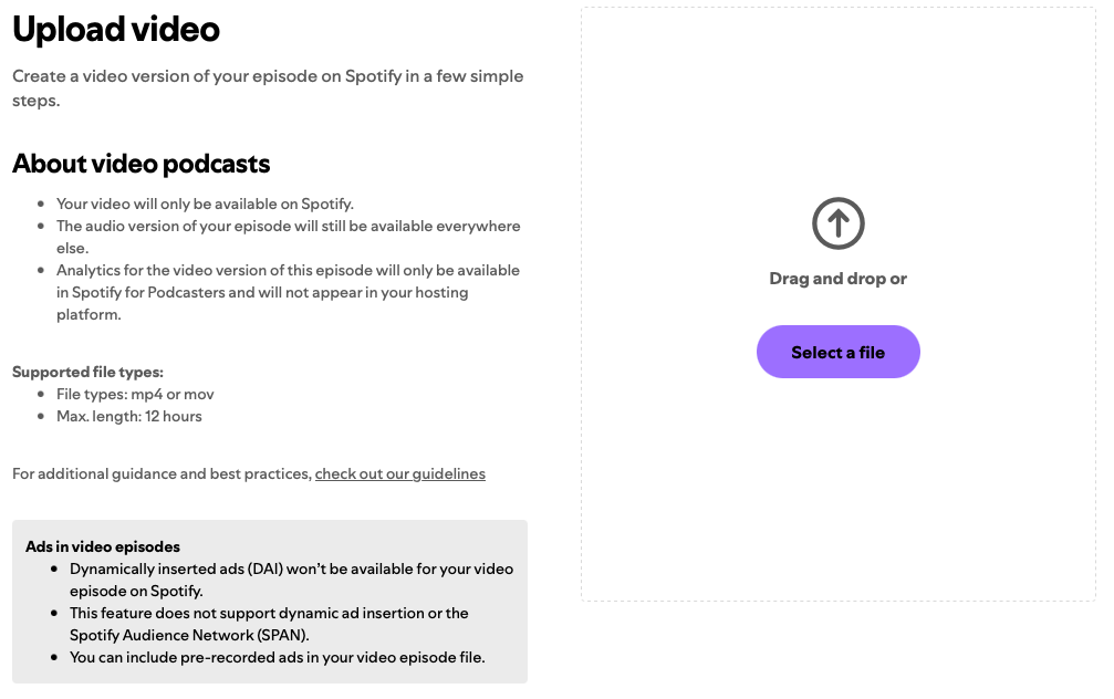 Screenshot of the ‘Upload video’ screen within Spotify for Creators.
