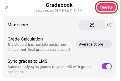 Screenshot of the Padlet Gradebook with the &lsquo;Update&rsquo; button displayed when edits have been made to grades to push a new sync.