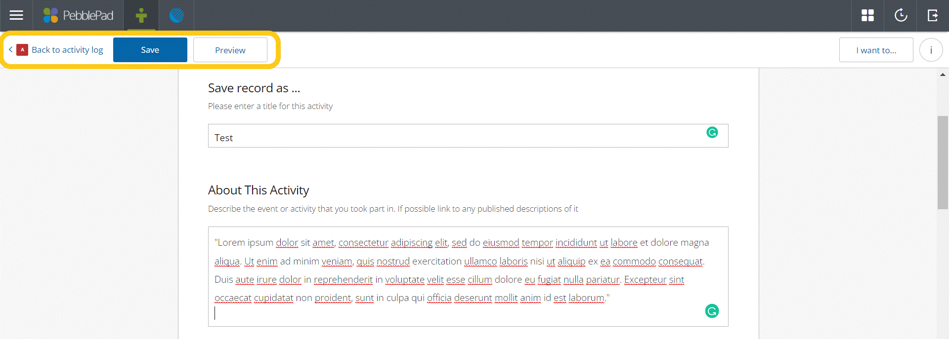Save button highlighted in activity log Save button highlighted in activity log