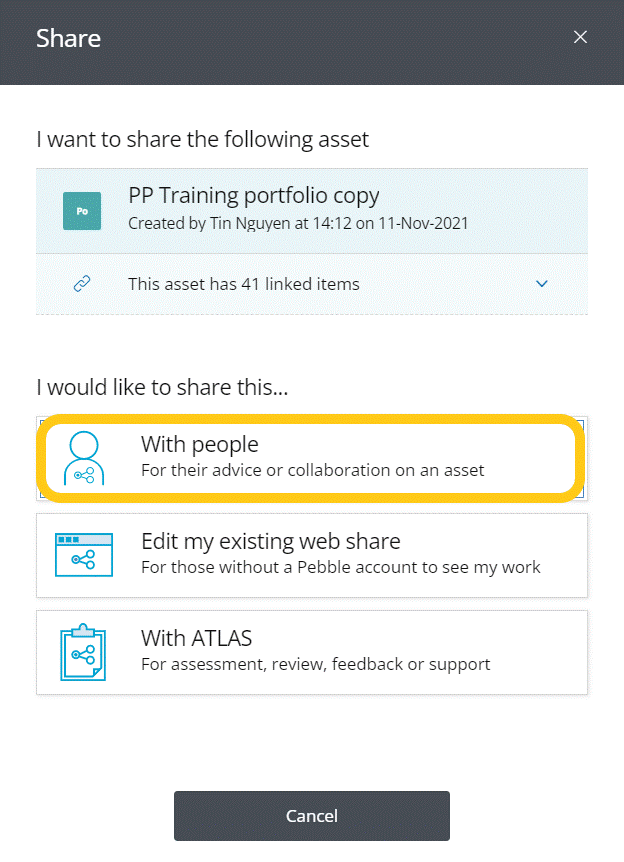 Share &lsquo;with people&rsquo; highlighted from share option in PebblePad