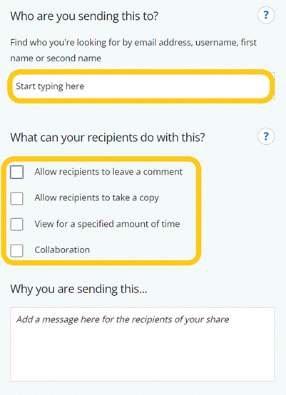 Fields to enter contact and options for interacting with the shared resource highlighted in PebblePad