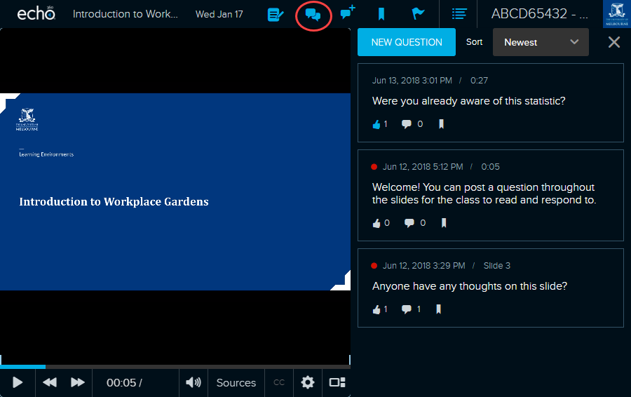 Click on the Discussions icon during playback