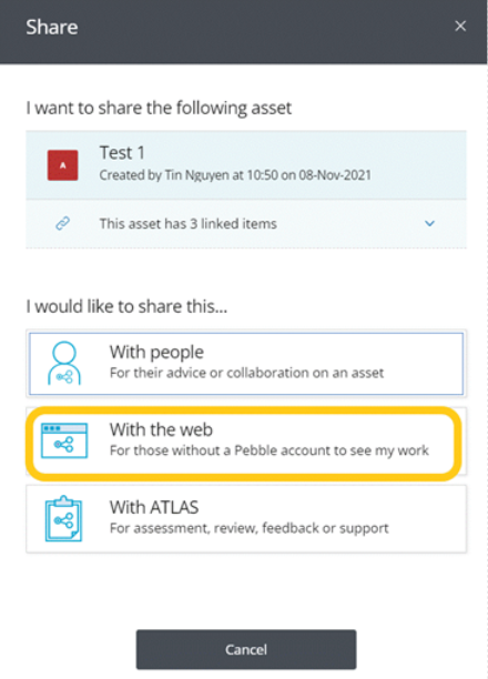 &rsquo;With the web&rsquo; option highlighted for sharing options in PebblePad