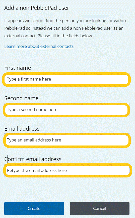 Fields when adding a non-pebblepad user