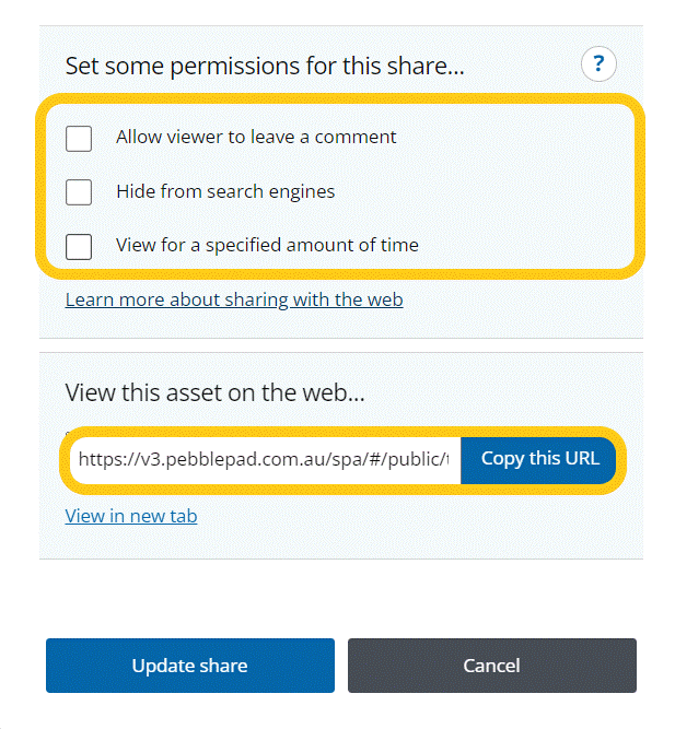 Share with web settings and share URL link highlighted in PebblePad