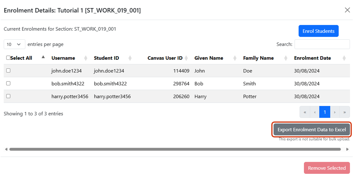 Enrolments in a selected section Image showing the current enrolments for a selected section, including the Username, Student ID, Canvas User ID, Given Name, Family Name, and Enrolment Date for each enrolled student