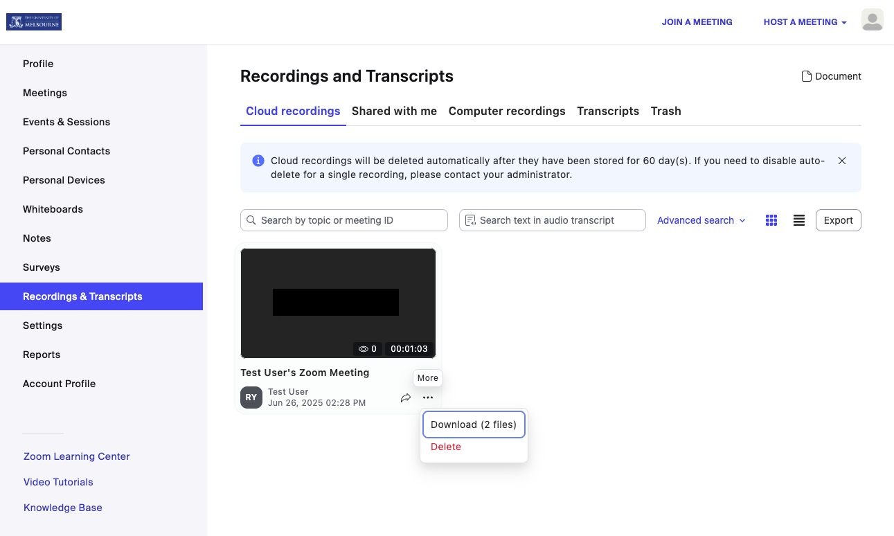 Screenshot of Zoom recording accessed via Zoom settings. Focus is on clicking on a three dot menu to reveal download button.