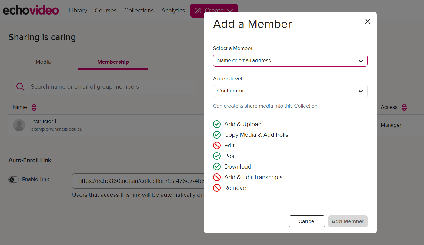 Collection Membership: Add a Member Screenshot of the EchoVideo Collections page. The “Membership” tab is selected and a pop-up console to Add a Member is in the center of the page. In the console, there is the option to select a member, toggle access level, and a summary of access capabilities for each access level