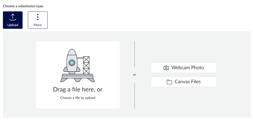 Screenshot of an LMS assignment with &ldquo;file upload&rdquo; enabled as the submission type. At the top of the image, there are buttons for Upload and More. Below these buttons, there are fields to drag-and-drop files in addition to buttons to upload a Webcam Photo or Canvas File.